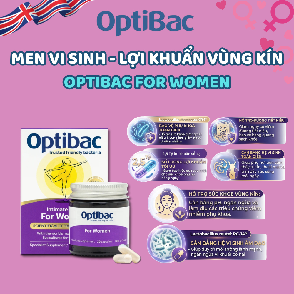 Lợi khuẩn vùng kín Optibac Probiotics men vi sinh phụ khoa phụ nữ optibac tím - Hộp 14/30/90 viên