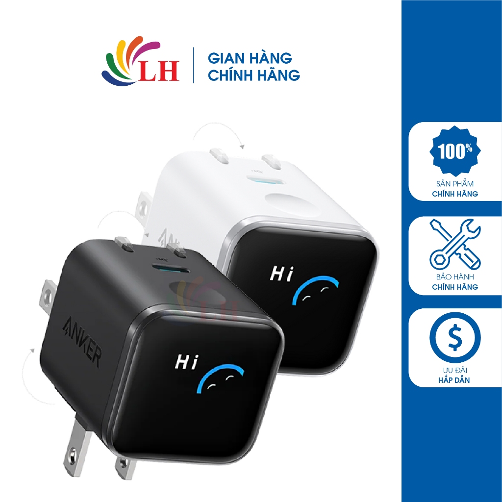Cốc sạc Anker Nano 1C GaN Compact 180° Foldable Smart Display IQ3 45W A121D - Hàng chính hãng
