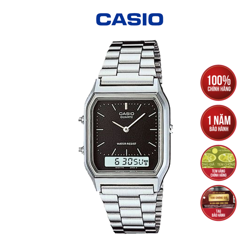 Đồng Hồ Casio Vintage AQ-230A-1DMQ Mặt Đen Dây Kim Loại - Hàng Chính Hãng