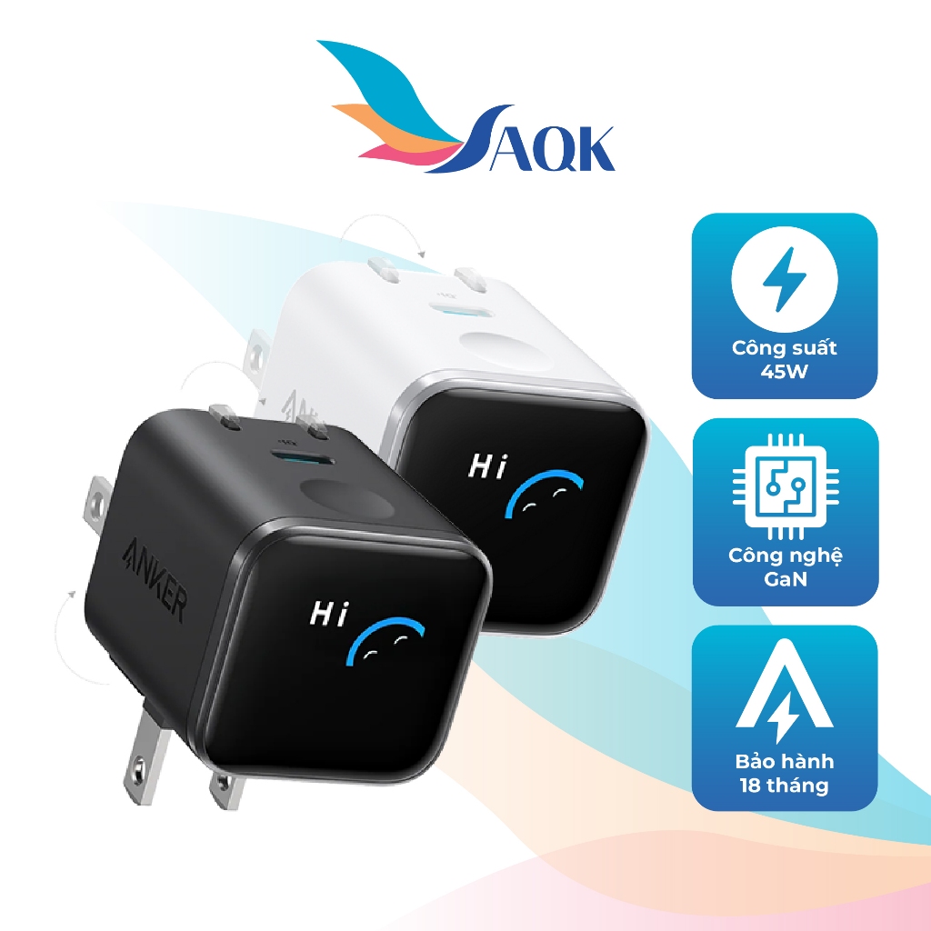 Cốc sạc Anker Nano 1C GaN Compact 180° Foldable Smart Display IQ3 45W A121D - Hàng chính hãng