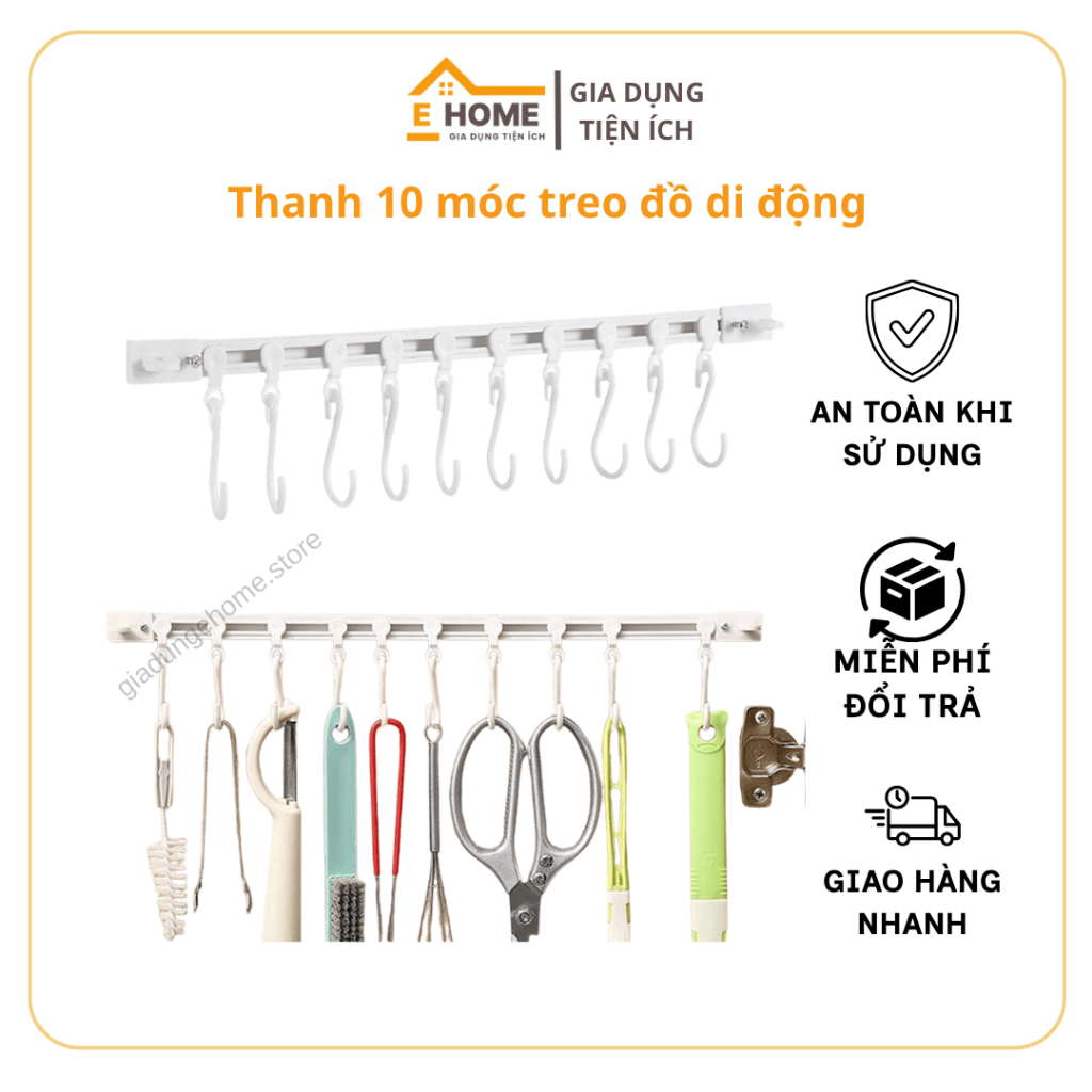 Thanh 10 Móc Treo Đồ Di Động Đa Năng Tiết Kiệm Không Gian Ehome