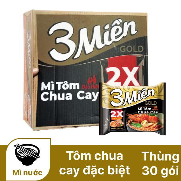 Thùng 30 gói mì 3 Miền Gold tôm chua cay đặc biệt 75g – Vị chua cay bùng nổ