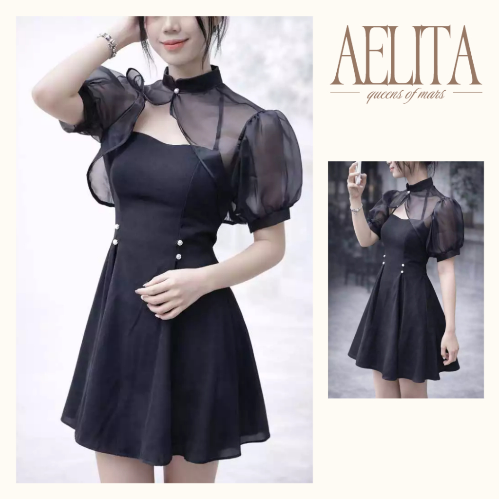 Set váy đầm đen nữ cổ cao xuyên nhẹ tay bồng dáng xòe tiểu thư AELITA