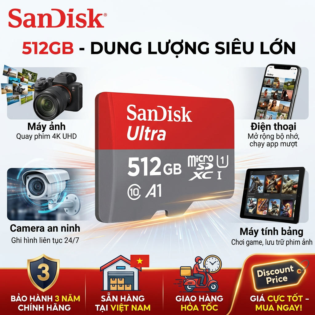 Thẻ nhớ MicroSD 512GB 256GB 128Gb 64Gb 32Gb  Class 10, tốc độ 100Mb/s, tặng kèm Adapter, Bảo hành 6 Tháng