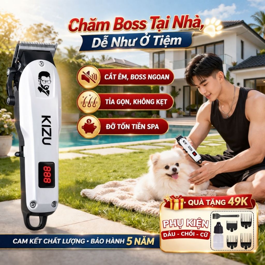 Tông đơ cắt lông chó Kizu K859 – Máy cạo lông pin sạc, cắt khỏe, máy êm không tiếng ồn