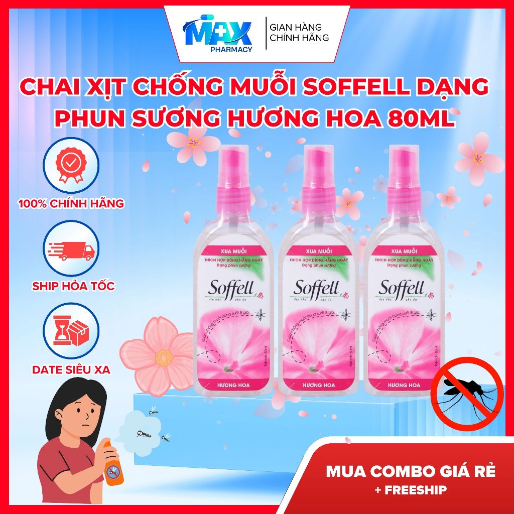 HỘP 12 CHAI XỊT CHỐNG MUỖI SOFFELL DẠNG PHUN SƯƠNG HƯƠNG HOA chai 80ml - Maxpharmacy