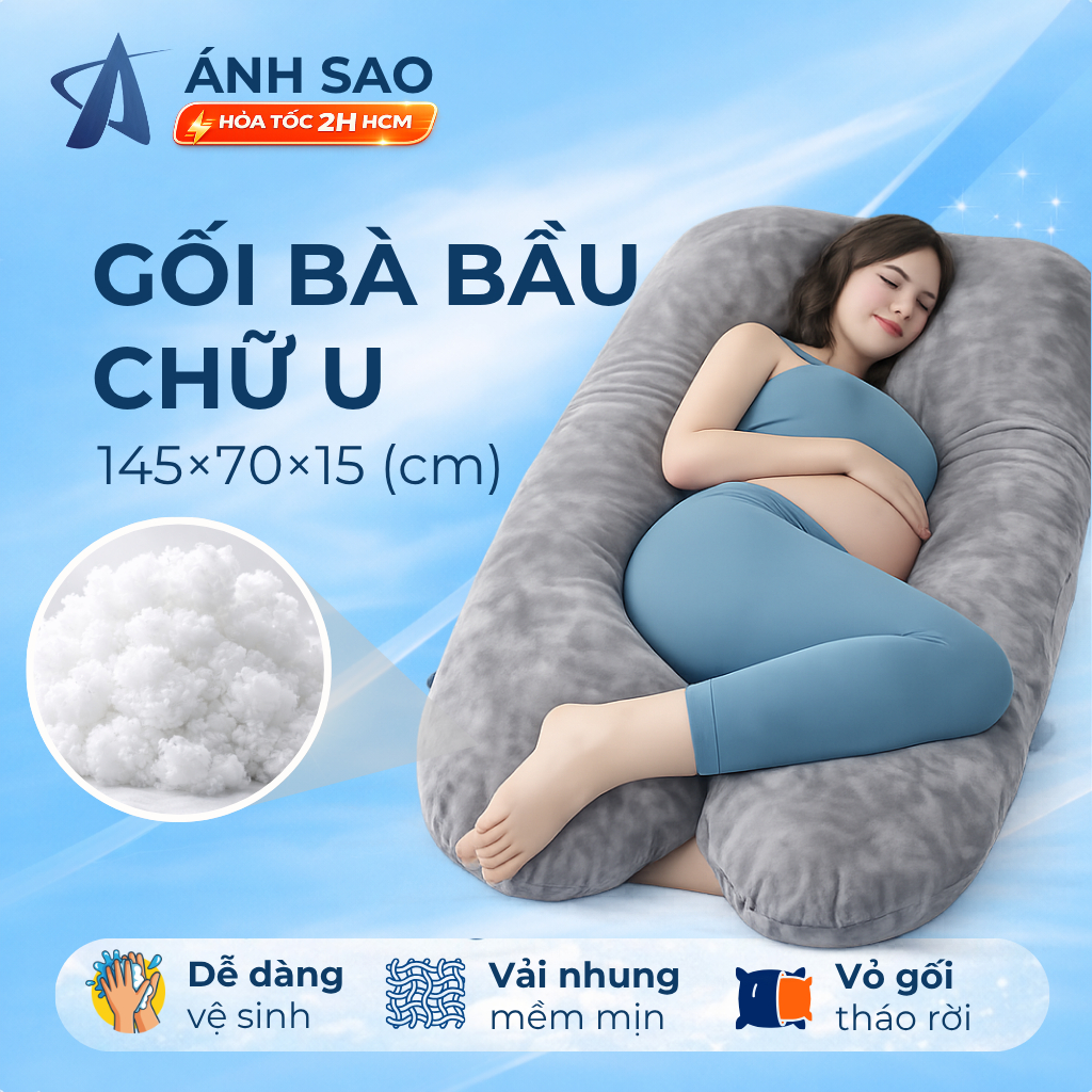 Gối Chữ U Cho Bà Bầu Vải Nhung Cao Cấp Ánh Sao Giúp Nâng Đỡ Lưng Bụng bầu Chân Đa Năng Thoáng Mát