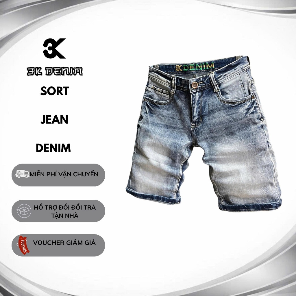 [3K DENIM] Quần Sort Jean Màu Xanh Bạc Was Retro Túi Thêu Lưng Thêu LoGo 3K Denim Mẫu Mới S3-QS2099