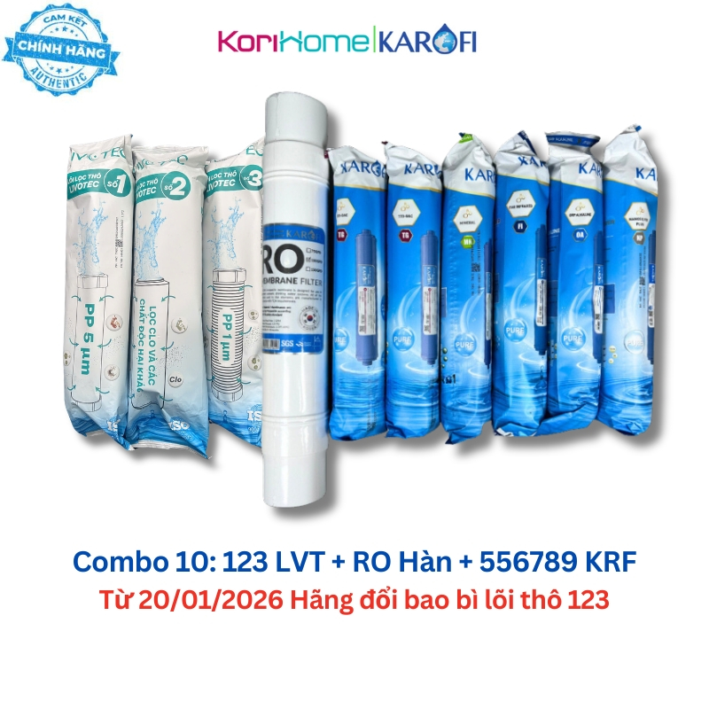 Bộ 10 Lõi Lọc Nước Karofi Livotec 606 dùng lõi Karofi gồm 123 + RO 100GDP Hàn + 556789 Hàng chính hã