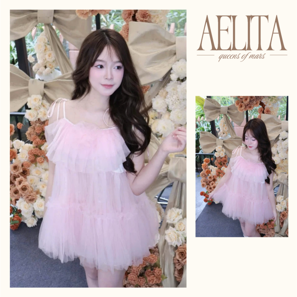 Set đầm voan tầng kết hợp với quần ren màu hồng ngọt ngào tiểu thư AELITA