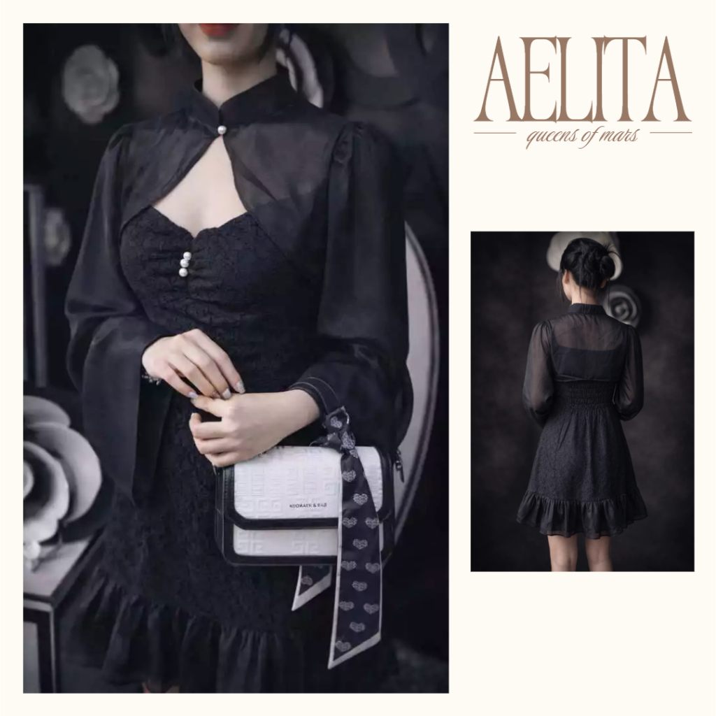 Đầm nữ đen phối ren cao cấp ôm body tôn dáng thanh lịch quyến rũ AELITA