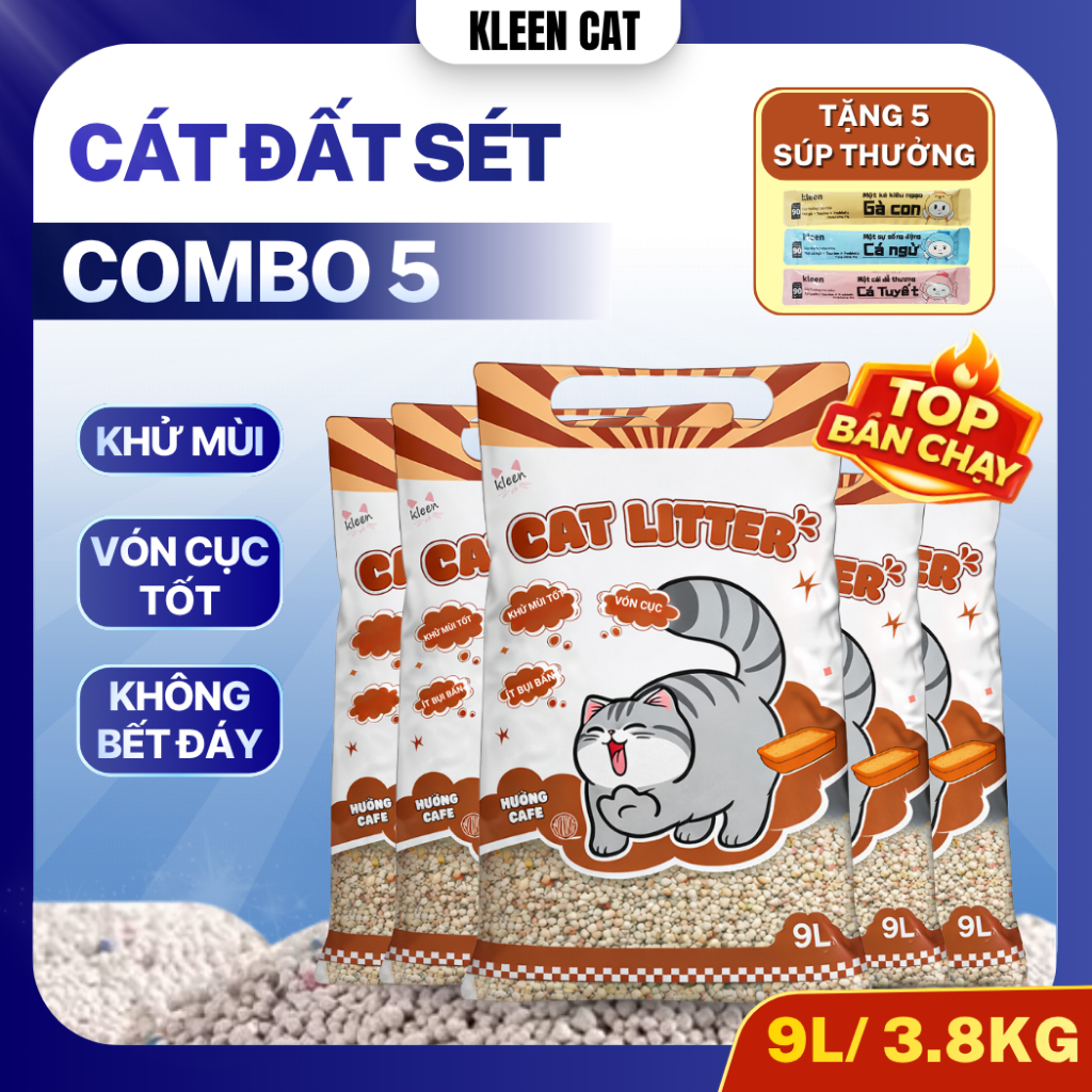 [TẶNG SÚP] Combo 5 túi Cát Mèo Kleen tải 19kg, Cát Mèo Vệ Sinh Khử Mùi Diệt Khuẩn - KLEENCAT