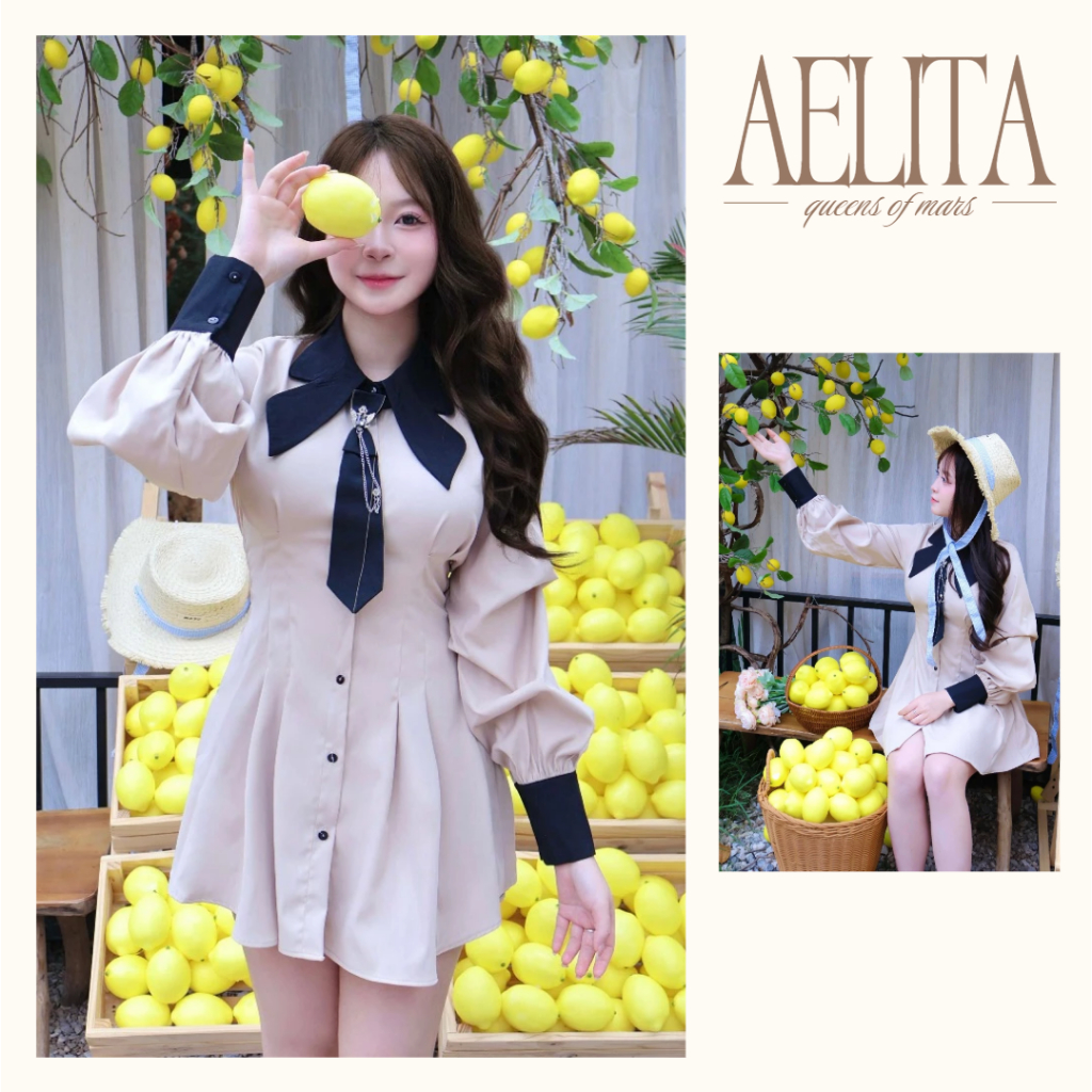 Đầm sơ mi nữ phối cổ cánh bướm cách điệu thanh lịch trẻ trung thời trang AELITA