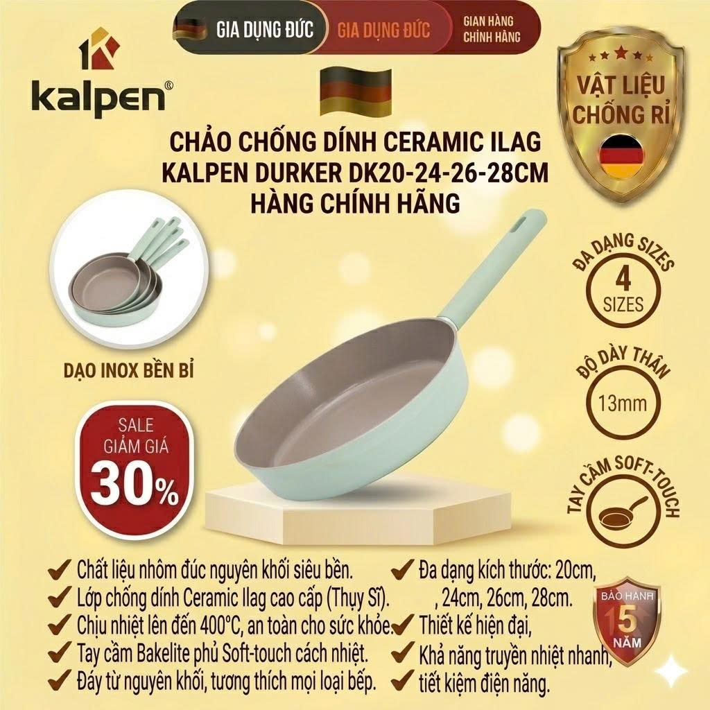 (KALPEN CHÍNH HÃNG) Chảo chống dính ceramic ILAG KALPEN DURKER size 20-24-26-28cm phù hợp mọi loại b