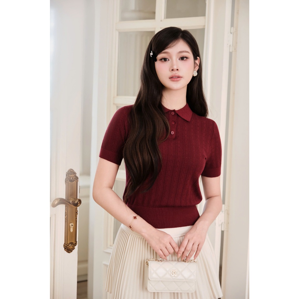 DELIZ - Áo len cổ bẻ cộc tay mặc mùa hè chất len lông thỏ dệt đục lỗ thoáng khí mát PL301 | BigBuy360 - bigbuy360.vn