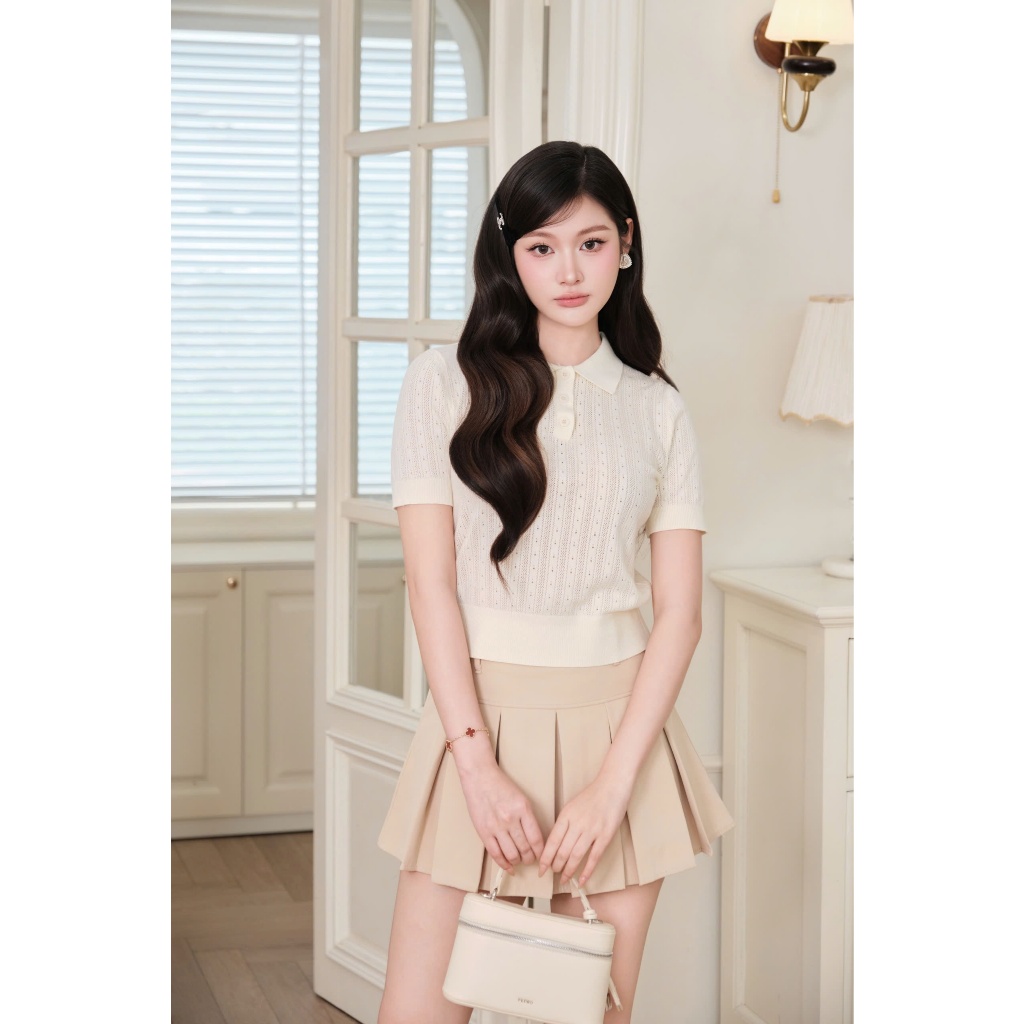 DELIZ - Áo len cổ bẻ cộc tay mặc mùa hè chất len lông thỏ dệt đục lỗ thoáng khí mát PL301 | BigBuy360 - bigbuy360.vn