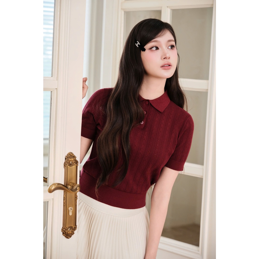 DELIZ - Áo len cổ bẻ cộc tay mặc mùa hè chất len lông thỏ dệt đục lỗ thoáng khí mát PL301 | BigBuy360 - bigbuy360.vn