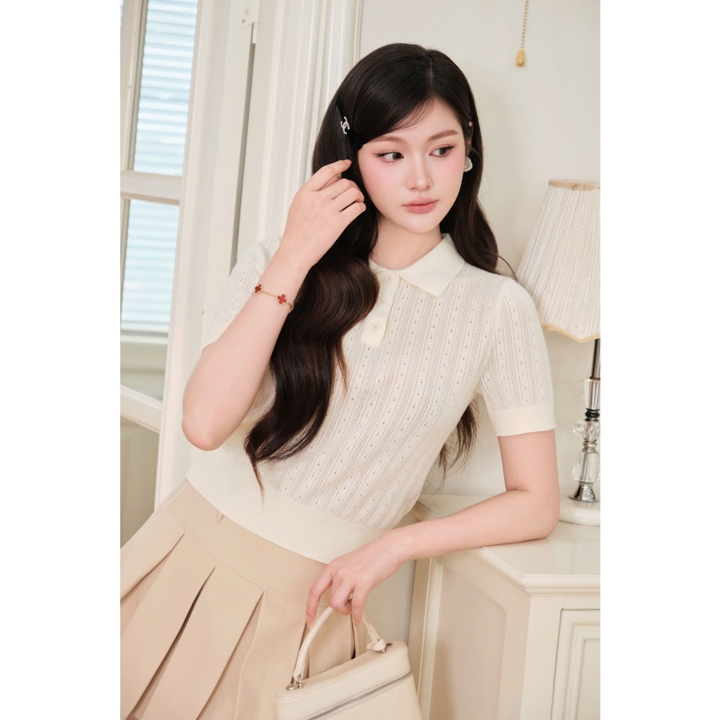 DELIZ - Áo len cổ bẻ cộc tay mặc mùa hè chất len lông thỏ dệt đục lỗ thoáng khí mát PL301 | BigBuy360 - bigbuy360.vn