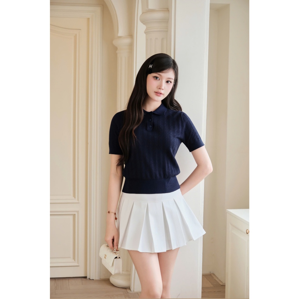 DELIZ - Áo len cổ bẻ cộc tay mặc mùa hè chất len lông thỏ dệt đục lỗ thoáng khí mát PL301 | BigBuy360 - bigbuy360.vn