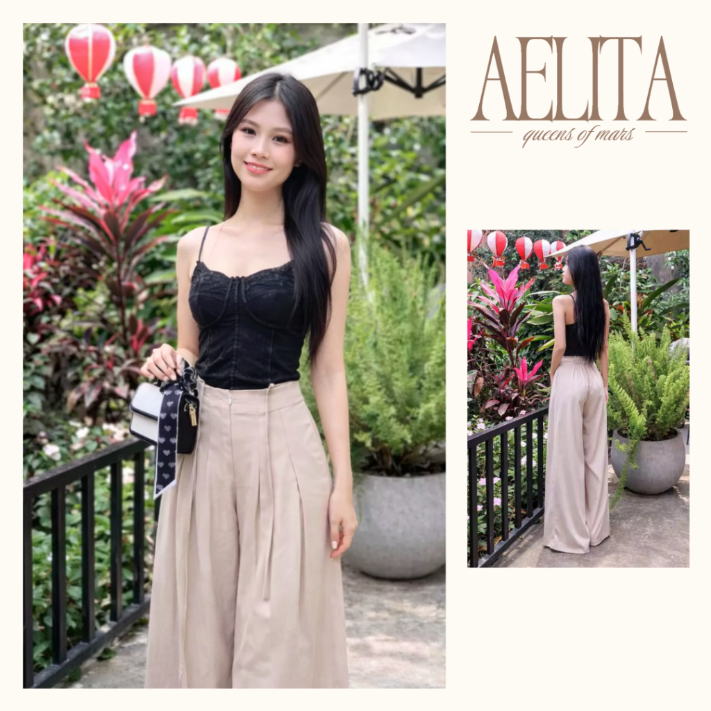 Quần ống rộng nữ lưng cao dáng suông mềm mượt tôn dáng thanh lịch AELITA
