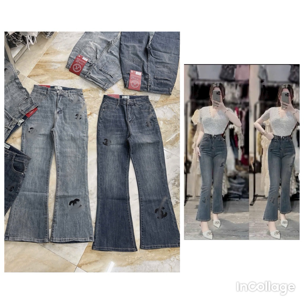 {90cm} Quần jean loe lỡ quần bò nữ lưng cao co dãn dài 90cm thêu 3/x hack dáng thời trang