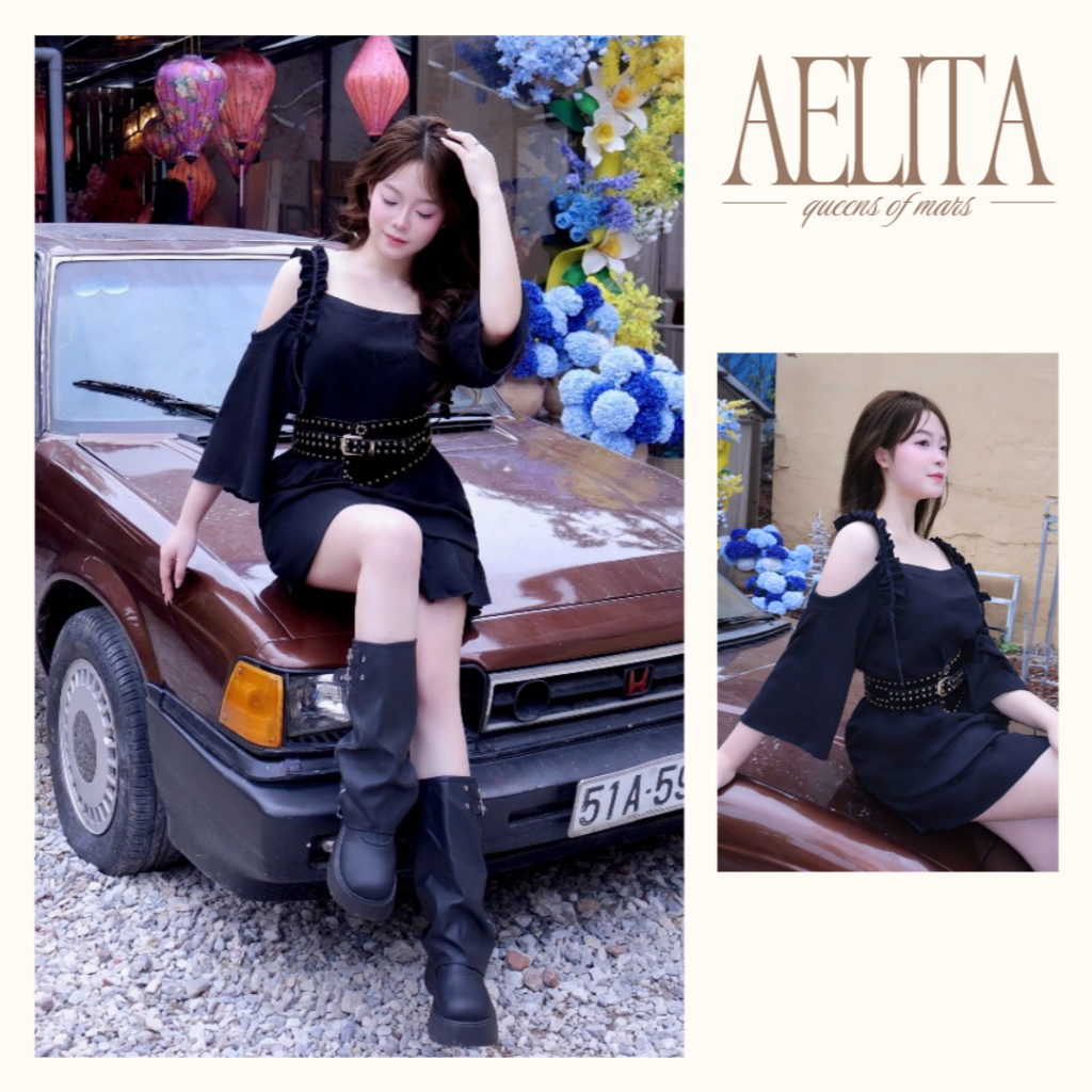 Set váy nữ trễ vai phối dây ren dáng ngắn xòe lưng thanh lịch trẻ trung AELITA