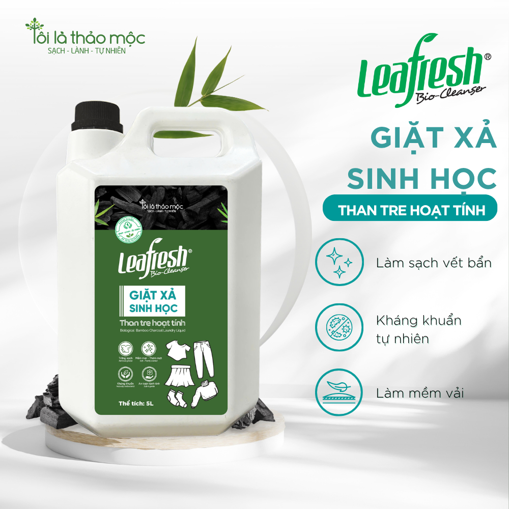 Giặt xả sinh học than tre hoạt tính Leafresh 5L – sạch sâu, khử mùi, mềm vải, an toàn cho da nhạy cả