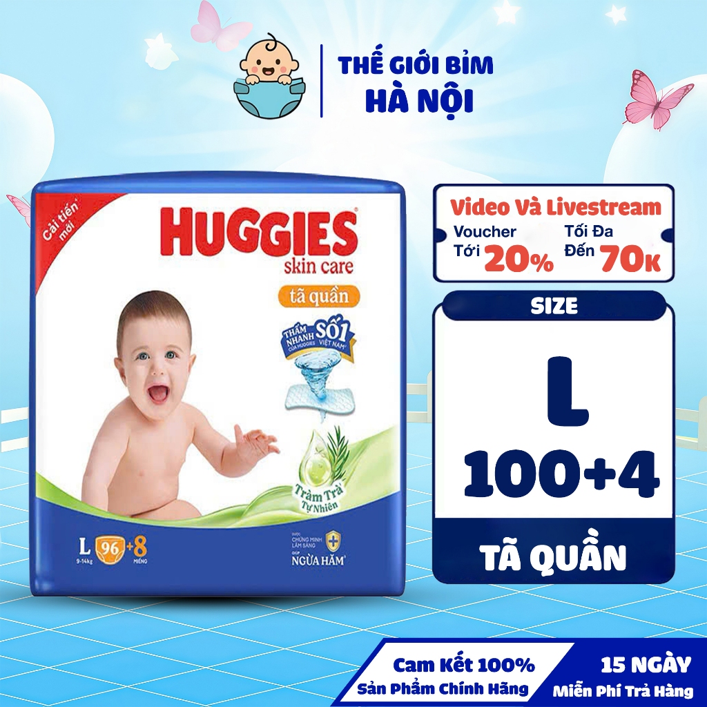 Bỉm tã quần Huggies Skin Care Mega Jumbo size L100+4 quần 104 miếng 9 - 14kg - thegioibimhanoi