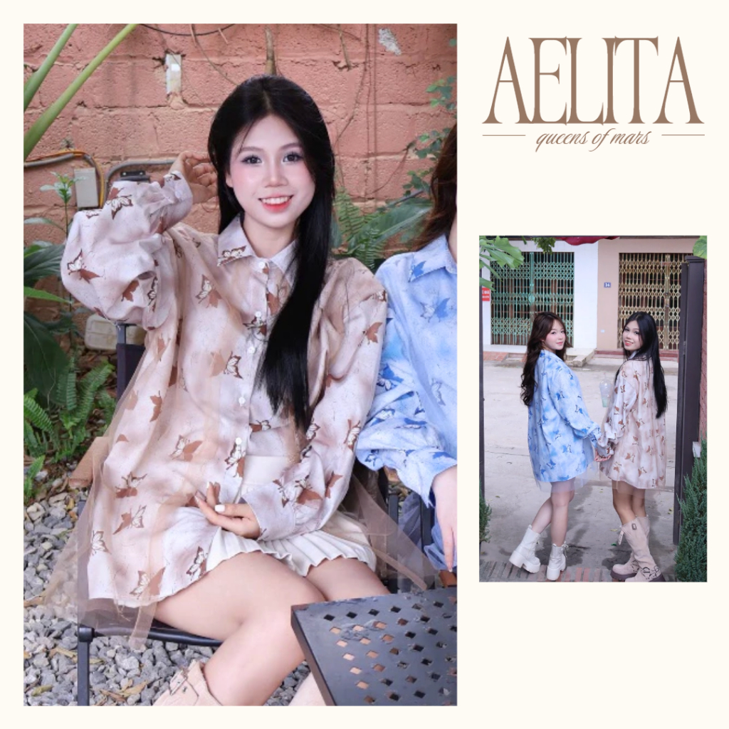 Áo sơ mi nữ họa tiết bướm tay dài voan nhẹ phong cách tiểu thư Hàn Quốc AELITA