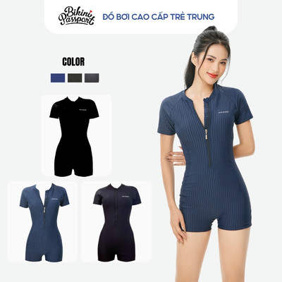 Đồ bơi nữ một mảnh tay ngắn liền thân kiểu quần short kín đáo, co giãn tốt - BIKINI PASSPORT - Xanh Navy - BS400_NV