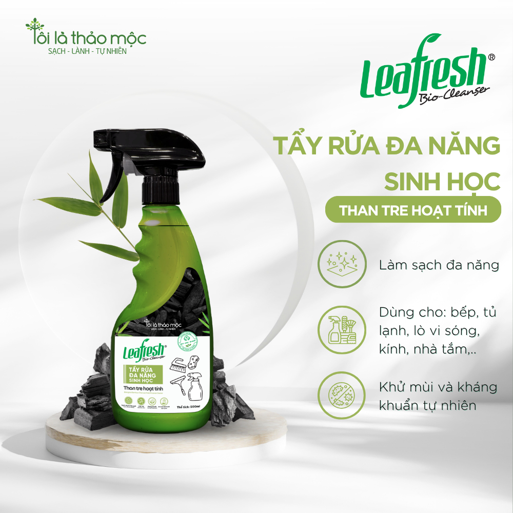 Tẩy rửa đa năng sinh học than tre hoạt tính Leafresh 500ml – sạch dầu mỡ, an toàn da tay, kháng khuẩ