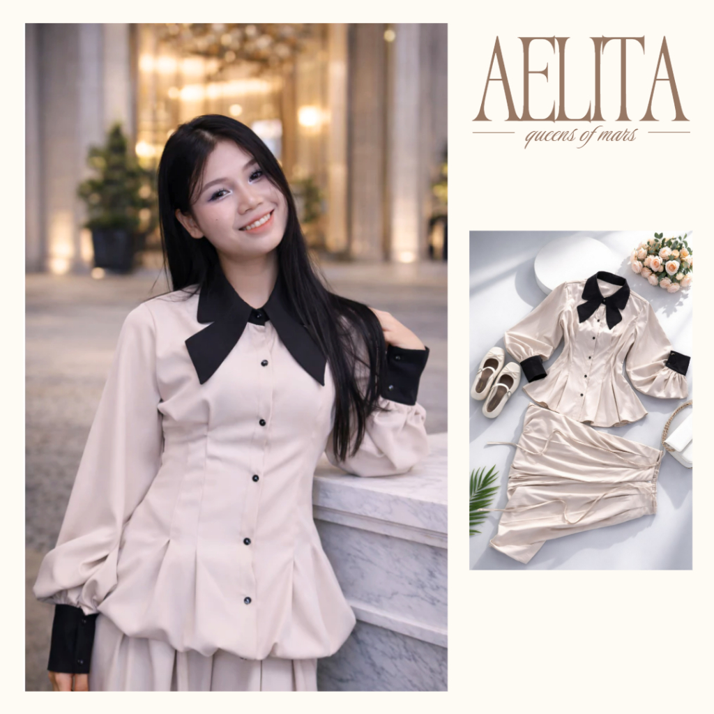 Set áo sơ mi phối cổ và quần ống rộng cạp cao nữ thanh lịch trẻ trung AELITA