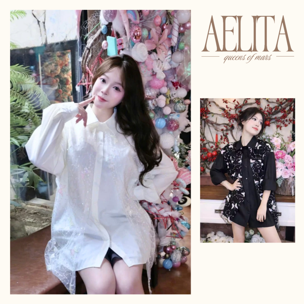 Áo sơ mi trắng dáng dài phối ren thêu họa tiết voan hai lớp nữ tính thanh lịch AELITA