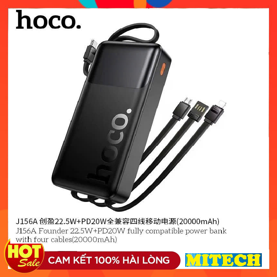 Sạc dự phòng Hoco J156A 20000mAh TypeC PD 20W & USB-A QC 3.0 22.5W, Kèm 4 Cáp sạc in/out