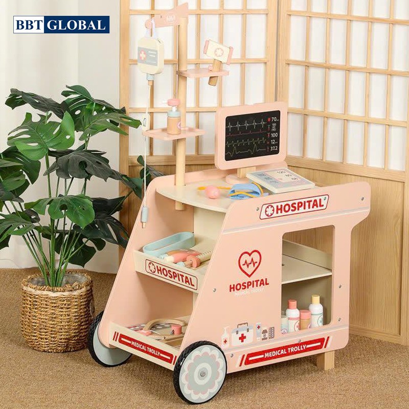 [ TẶNG TẠP DỀ BÁC SĨ] Đồ chơi bác sỹ gỗ có xe đẩy cao cấp BBT GLOBAL