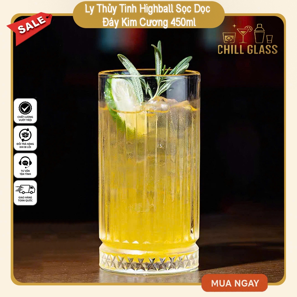 Ly Highball Diamond Ribbed 450ml - Ly Thủy Tinh Chuyên Dụng Pha Chế Cocktail, Mojito