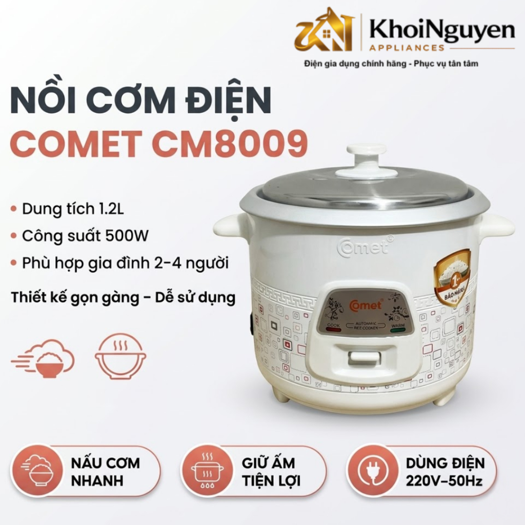 Nồi cơm điện Comet CM8009 1.2L, Trắng xám - Nấu nhanh, Giữ ấm 5 giờ