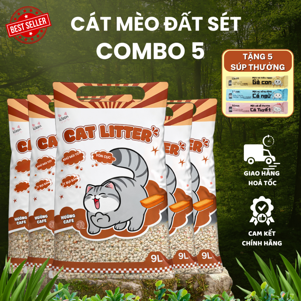 [TẶNG SÚP] Combo 5 Túi Cát Vệ Sinh Cho Mèo Kleen Cat 9l, Cát Mèo Premium Cat Litter Vón Cục Tốt - kl