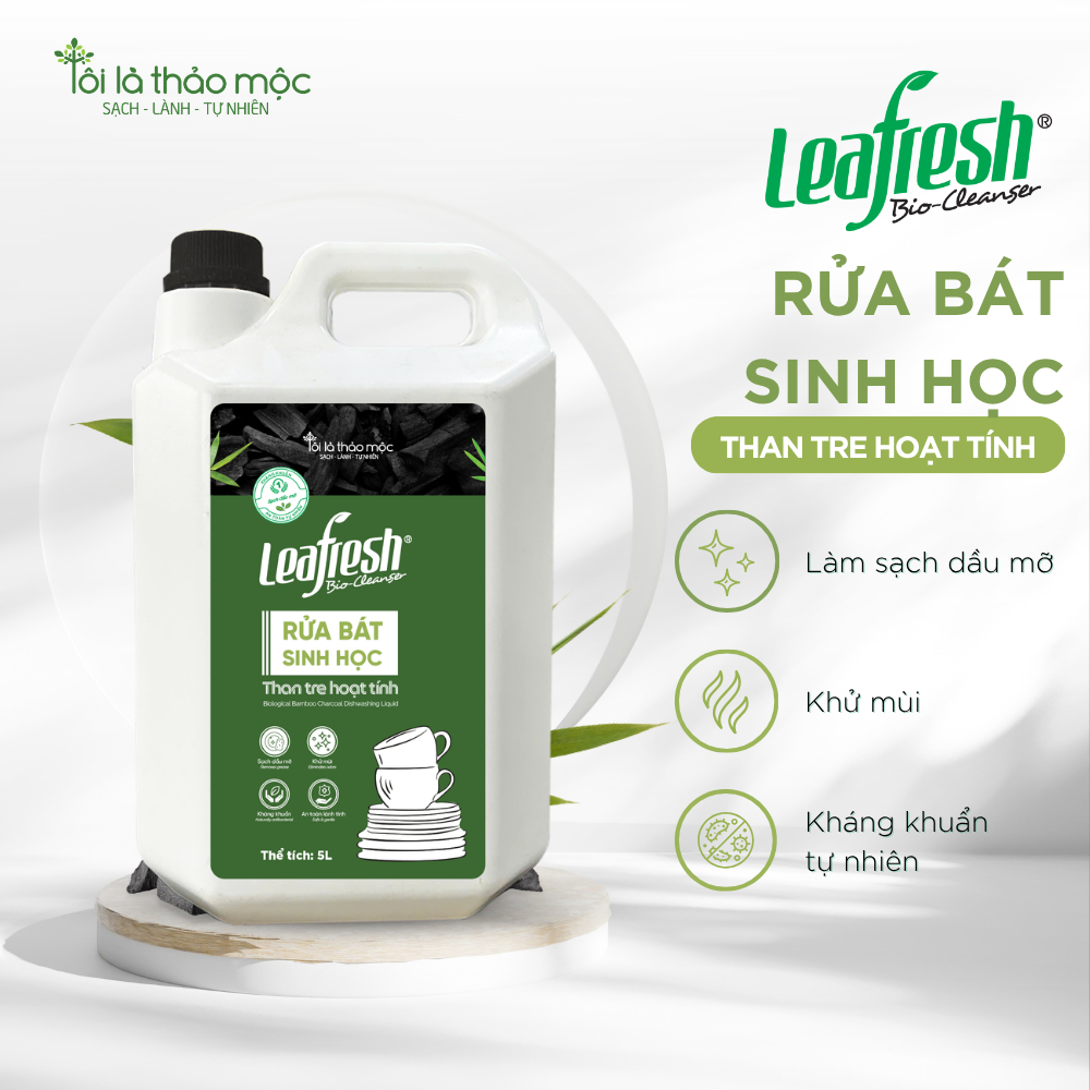 Rửa bát sinh học than tre hoạt tính Leafresh 5L – sạch dầu mỡ, không hại da tay, an toàn cho trẻ nhỏ