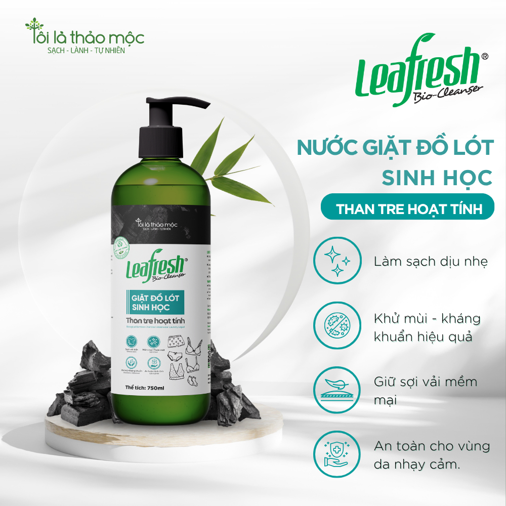 Giặt đồ lót sinh học than tre hoạt tính Leafresh 750ml - khử khuẩn, khử mùi, không hóa chất độc hại
