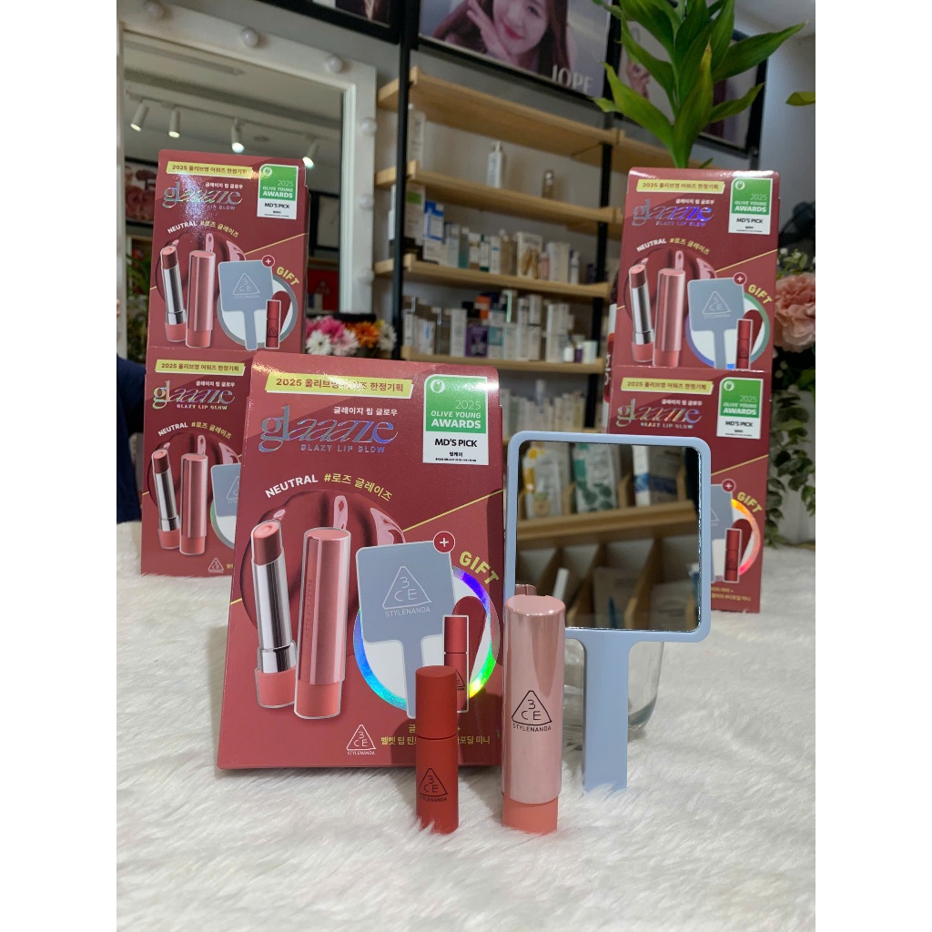 Set Son Dưỡng Có Màu 3CE Glazy Lip Glow 3,2g màu 34 Rose Glaze - Hồng Khô (tặng kèm son mini 03 daff