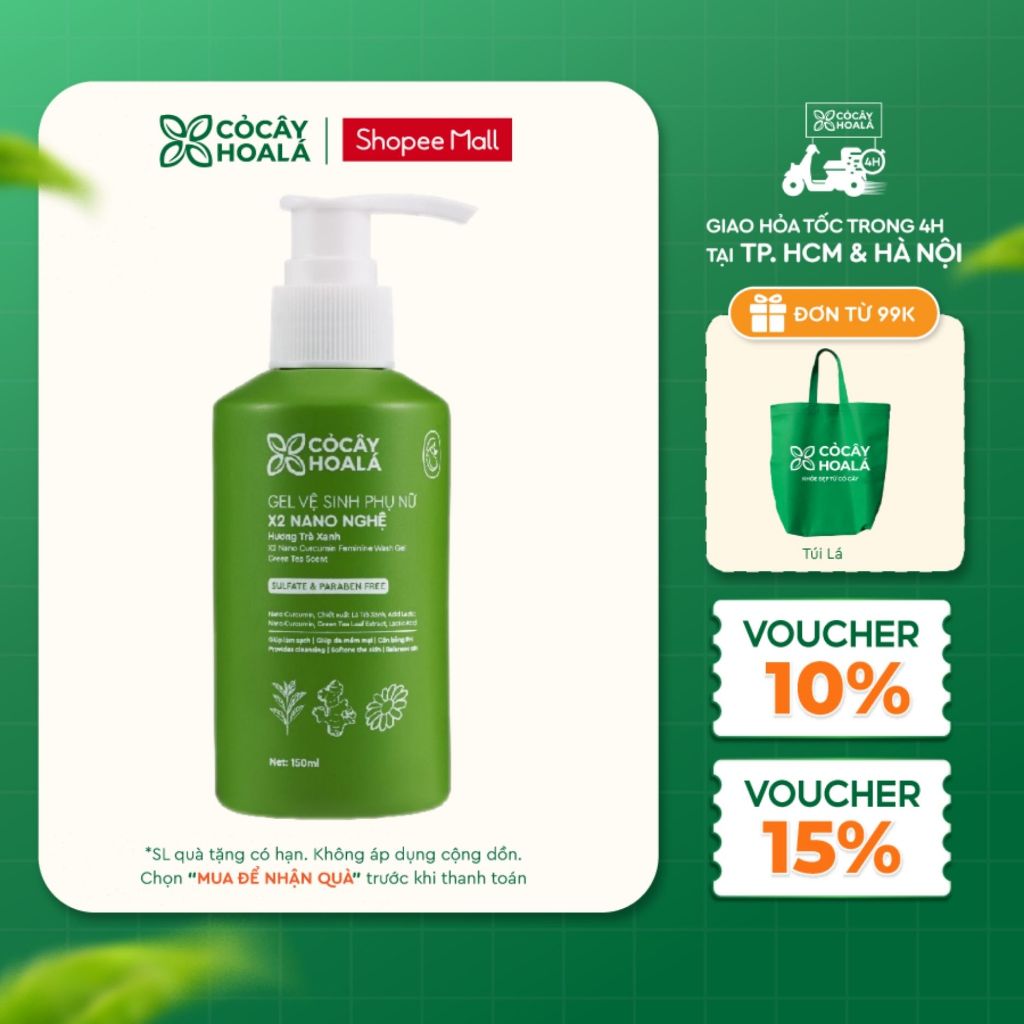 [HỎA TỐC] Dung Dịch Vệ Sinh Cỏ Cây Hoa Lá Gel x2 Nano Nghệ Hương Trà Xanh Làm Sạch 150ml