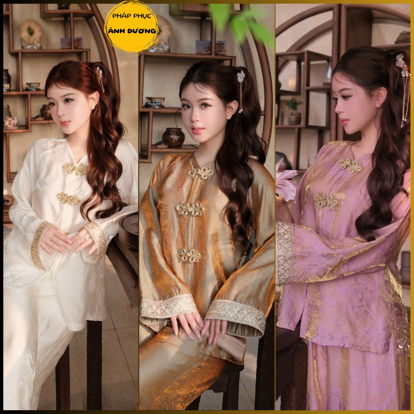 [ Dáng Suông ] Pháp Phục Tằm Tencel Cổ V tay Phối Sang Chảnh Đính Cúc Tết - Mã P9