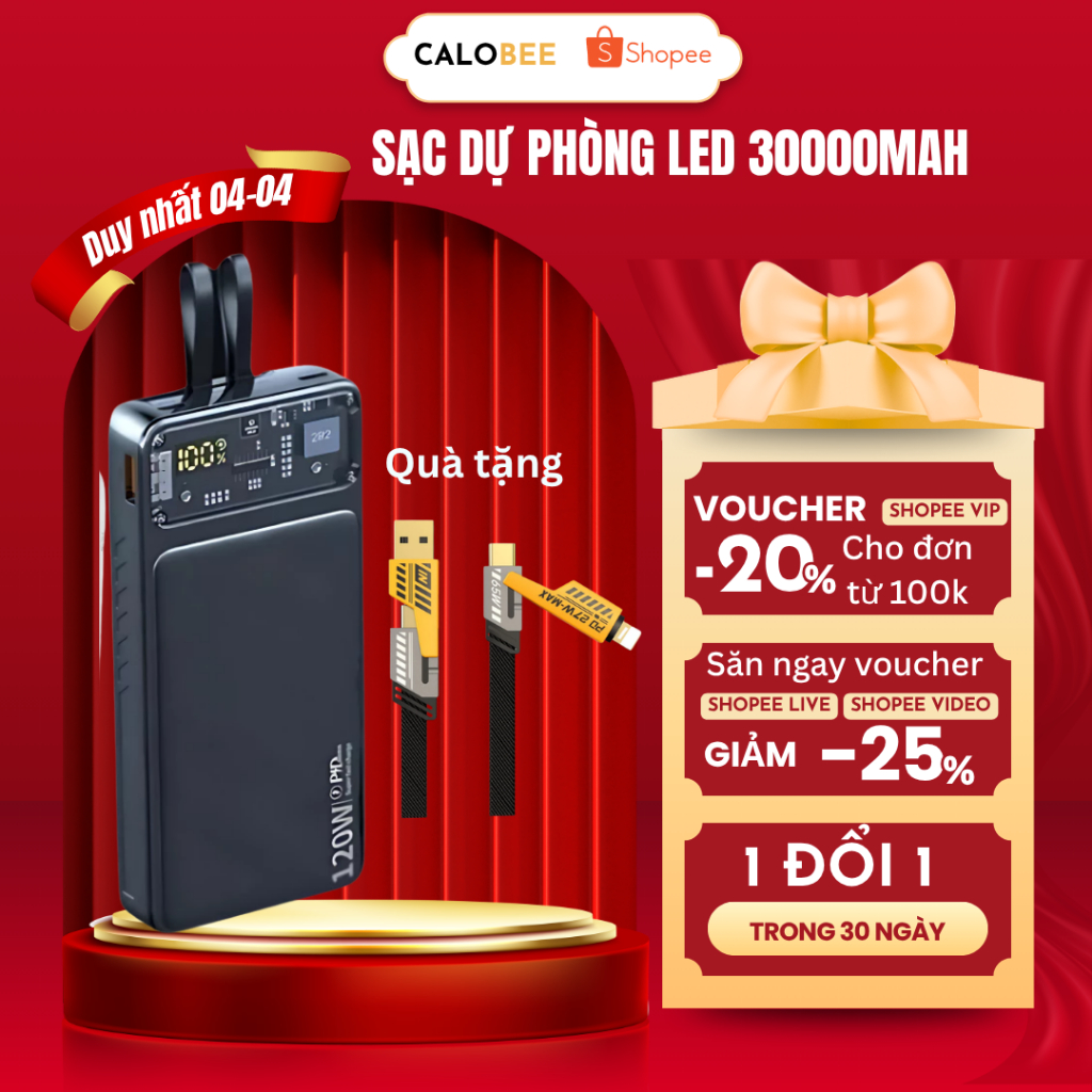 Pin sạc dự phòng LED 30000mAh sạc nhanh 120W PD20W tích hợp 2 dây sạc cho nhiều thiết bị cùng một lúc
