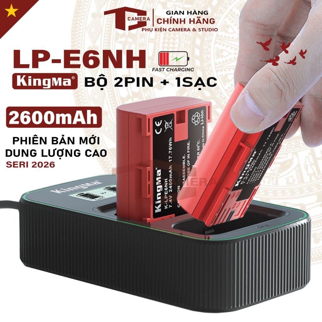 Bộ 2 Pin + 1 Sạc Đôi KingMa LP-E6NH 2600mAh – Sạc Nhanh Type-C Cho Canon R5 R6 R7 R8 5D4 6D2 90D