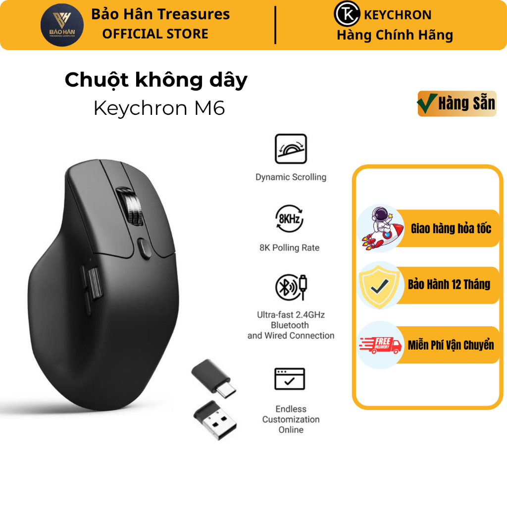 Chuột không dây Keychron M6 Cảm biến PixArt 3395/M6S 3311, DPI 26000, Polling Rate 1000 Hz,  Siêu nh