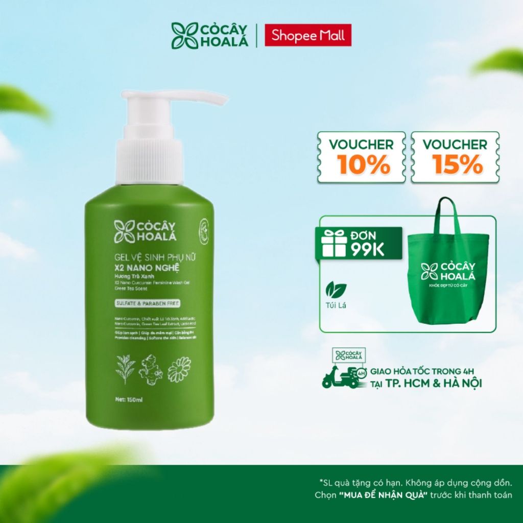 [HỎA TỐC] Dung Dịch Vệ Sinh Cỏ Cây Hoa Lá Gel x2 Nano Nghệ Hương Trà Xanh Làm Sạch  150ml