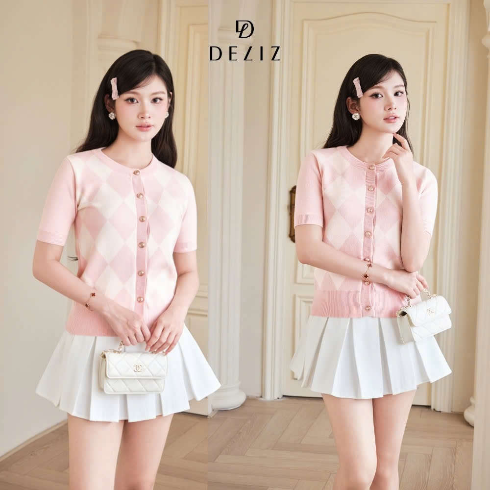 (BST MỚI DELIZ 2026 ) Áo len nữ ngắn tay dệt họa tiết kẻ ô trám phong cách Hàn Quốc hot trend ALC605