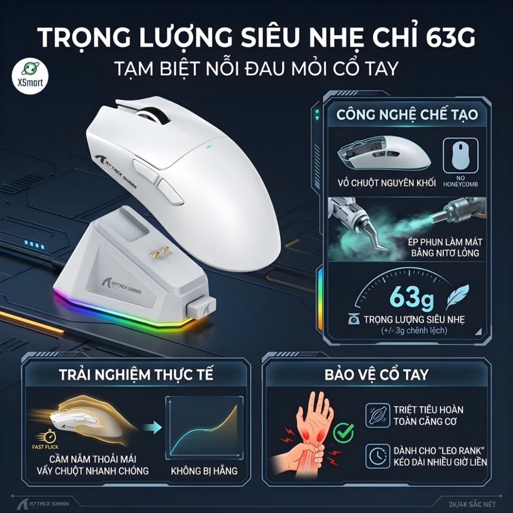 Chuột Gaming Không Dây Bluetooth Attack Shark X11 Chip PRO PAW3311 Có Dock Sạc LED, 22000 DPI | BigBuy360 - bigbuy360.vn