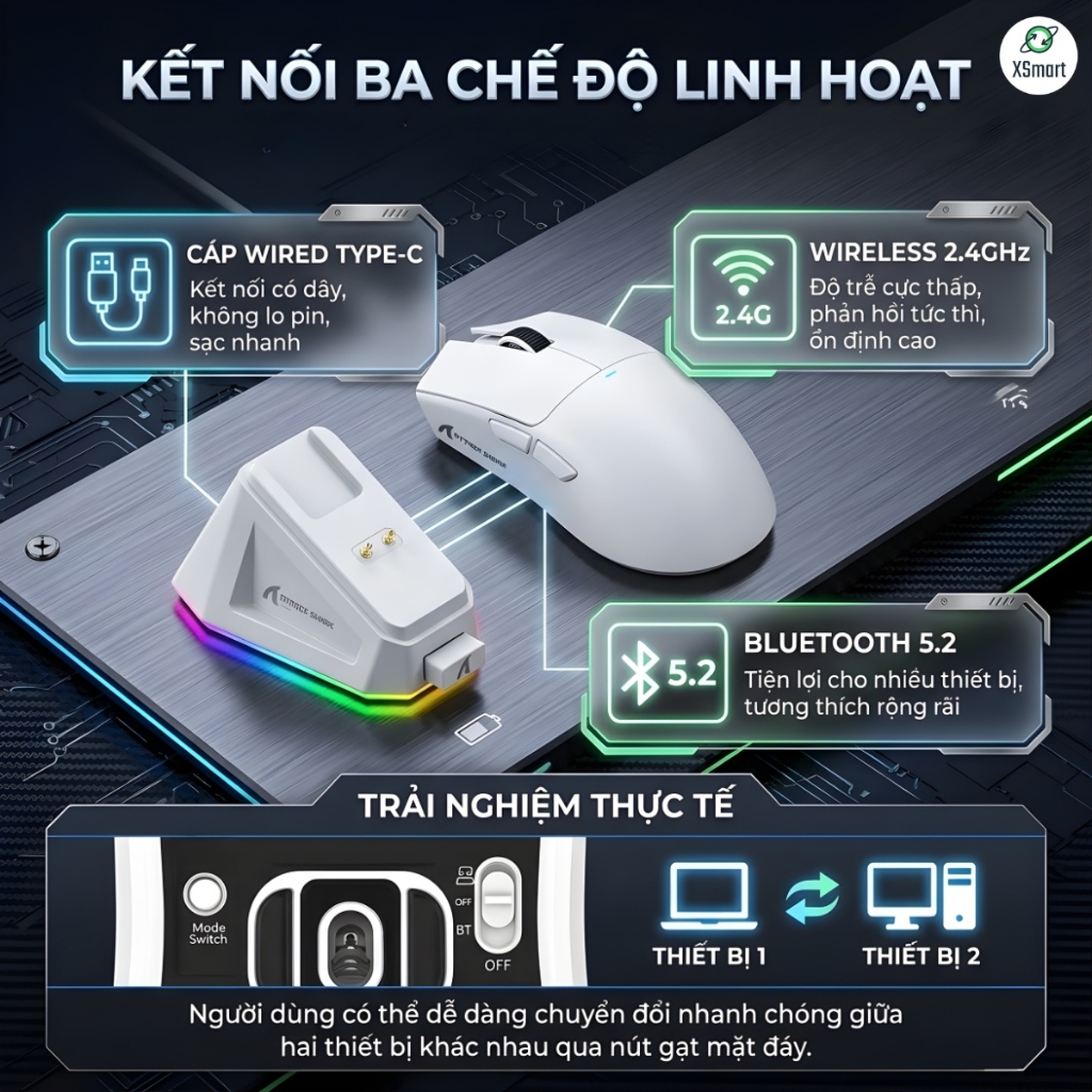 Chuột Gaming Không Dây Bluetooth Attack Shark X11 Chip PRO PAW3311 Có Dock Sạc LED, 22000 DPI | BigBuy360 - bigbuy360.vn